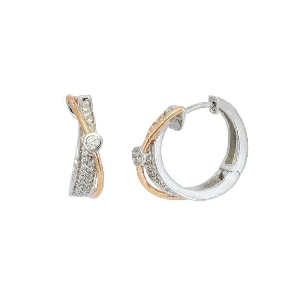 Unique two toned white and rose gold diamond hoop earrings