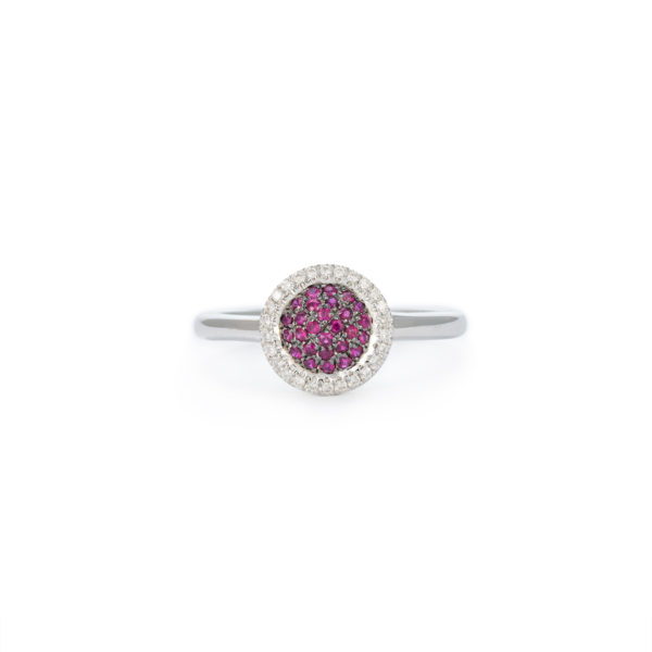 Domed white gold ruby and diamond ring