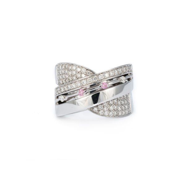 White gold cross over white and pink diamond ring