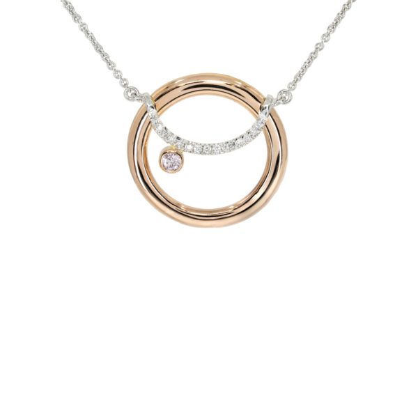 white gold rose gold necklace circlular pink diamond necklace