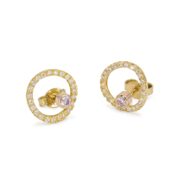 Yellow gold circular fancy light pink argyle diamond stud earrings