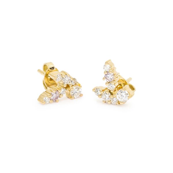 Yellow gold light pink and white diamond leaf studs