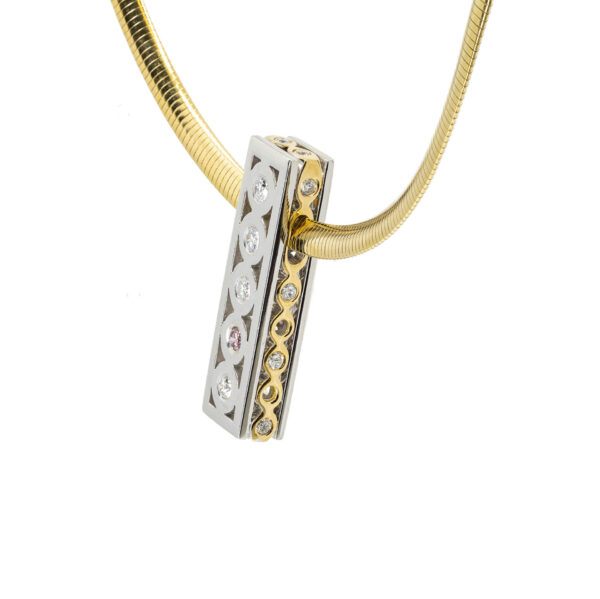 White Gold pink diamond pendant on yellow gold omega wire