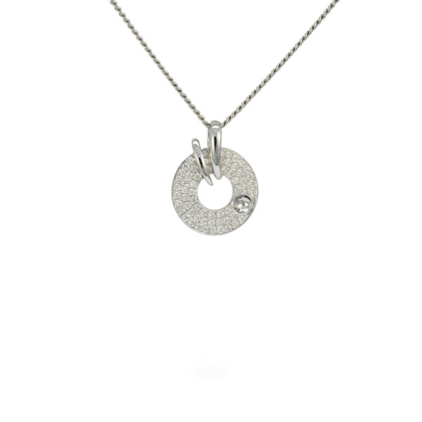 White gold circular white diamond pendant