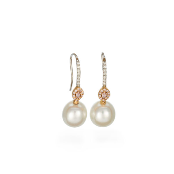 Rose Pink Marquise diamond and pearl hook earrings