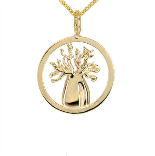 Hand crafted yellow gold circular boab tree pendant