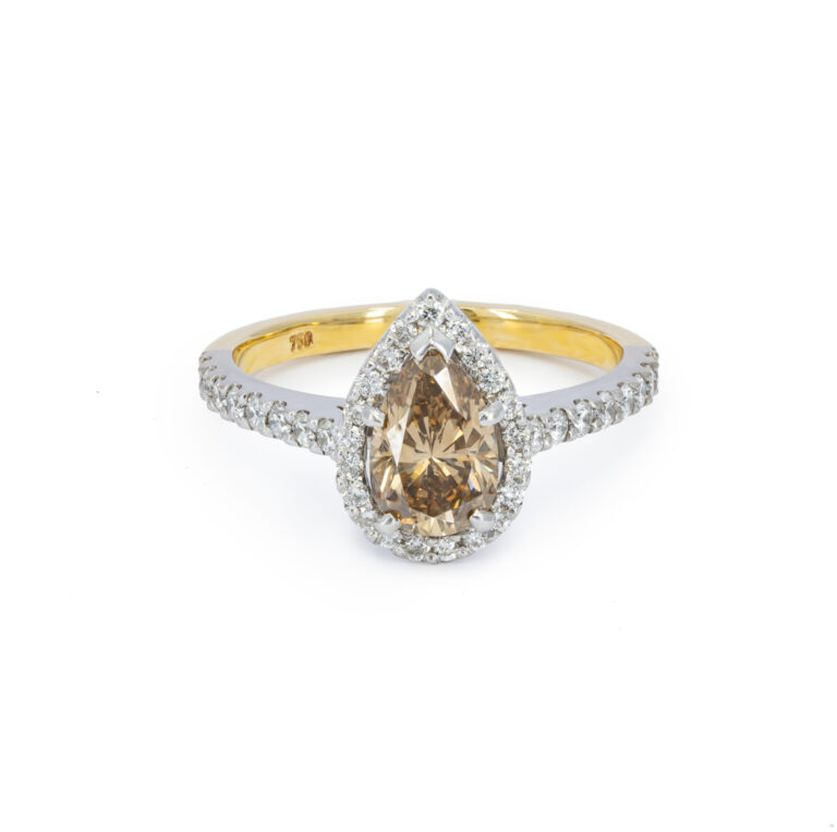 Pear Champagne and White Diamond Ring