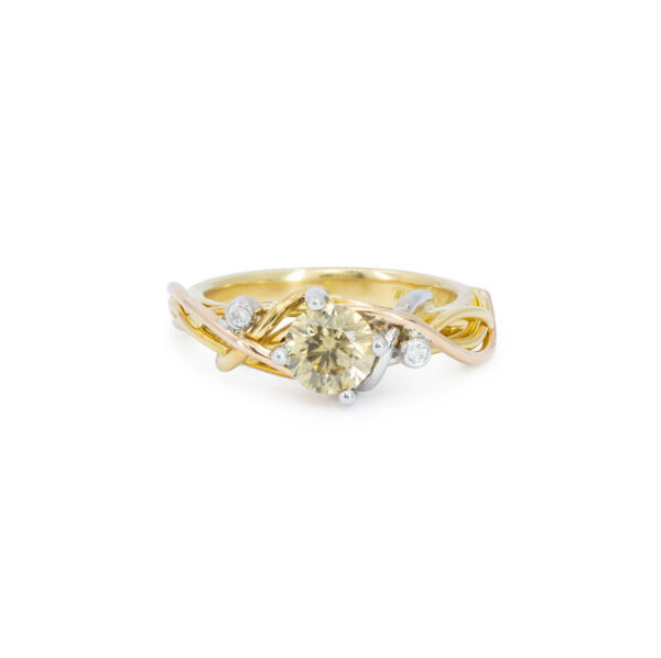 Oranic twisted white rose yellow gold greenish champagne diamond ring