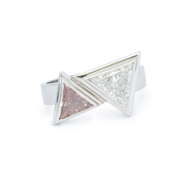 Trilliant cut white gold pink champagne white diamond ring