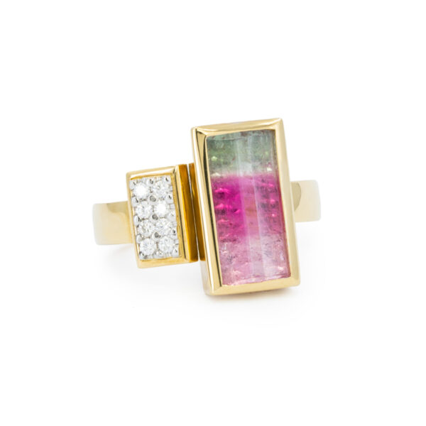 Watermelon multi coloured tourmaline white diamond ring