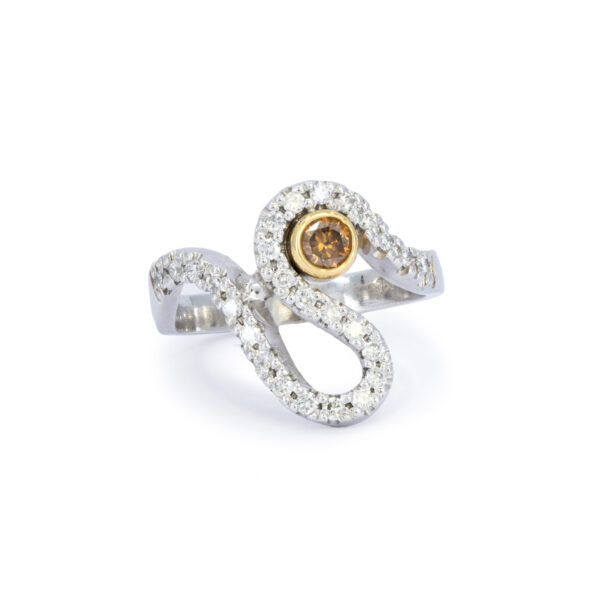 Champagne diamond, white diamond, organic river design ring white gold