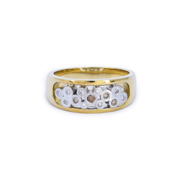 Wide yellow gold band with an inlay of white gold set with scattered sized diamonds in white and dark and light champagne colours.