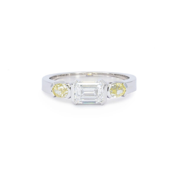 Three stone engagement ring Argyle white diamond fancy yellow diamonds