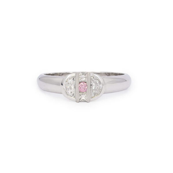 Pink diamond ring with half moon white diamonds