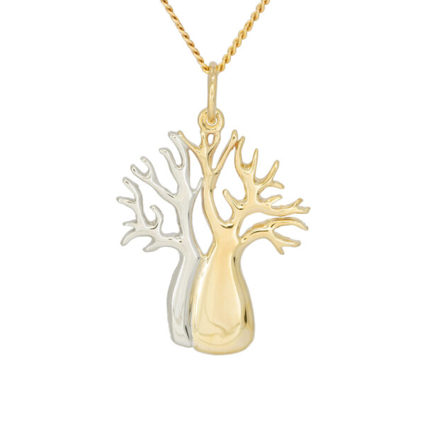 Two-toned brushed white and yellow gold dunham boab tree pendant handcrafted